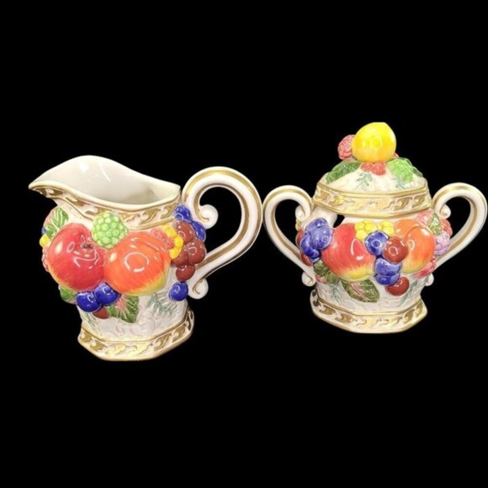 Fitz‎ and Floyd Venezia Sugar Bowl With Lid And Creamer Set Fruit Embossed